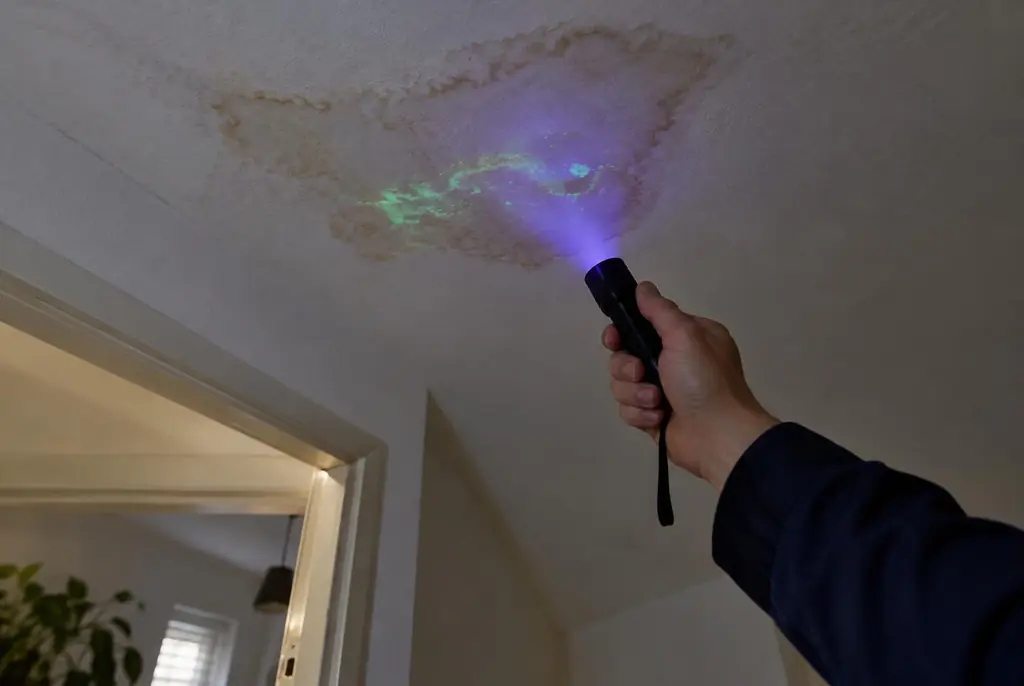 Lekdetectie Katwijk – kleurstof controleren op het plafond met uv-licht