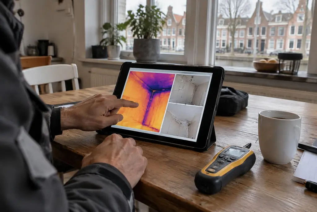 Lekdetectie Katwijk – lekdetectierapport met warmtebeelden en foto's op een tablet