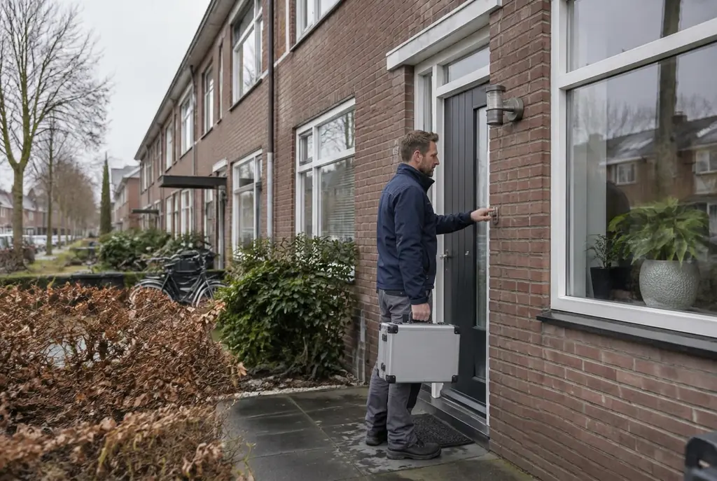 Lekdetectiespecialist met meetkoffer bij de voordeur van een woning in Katwijk